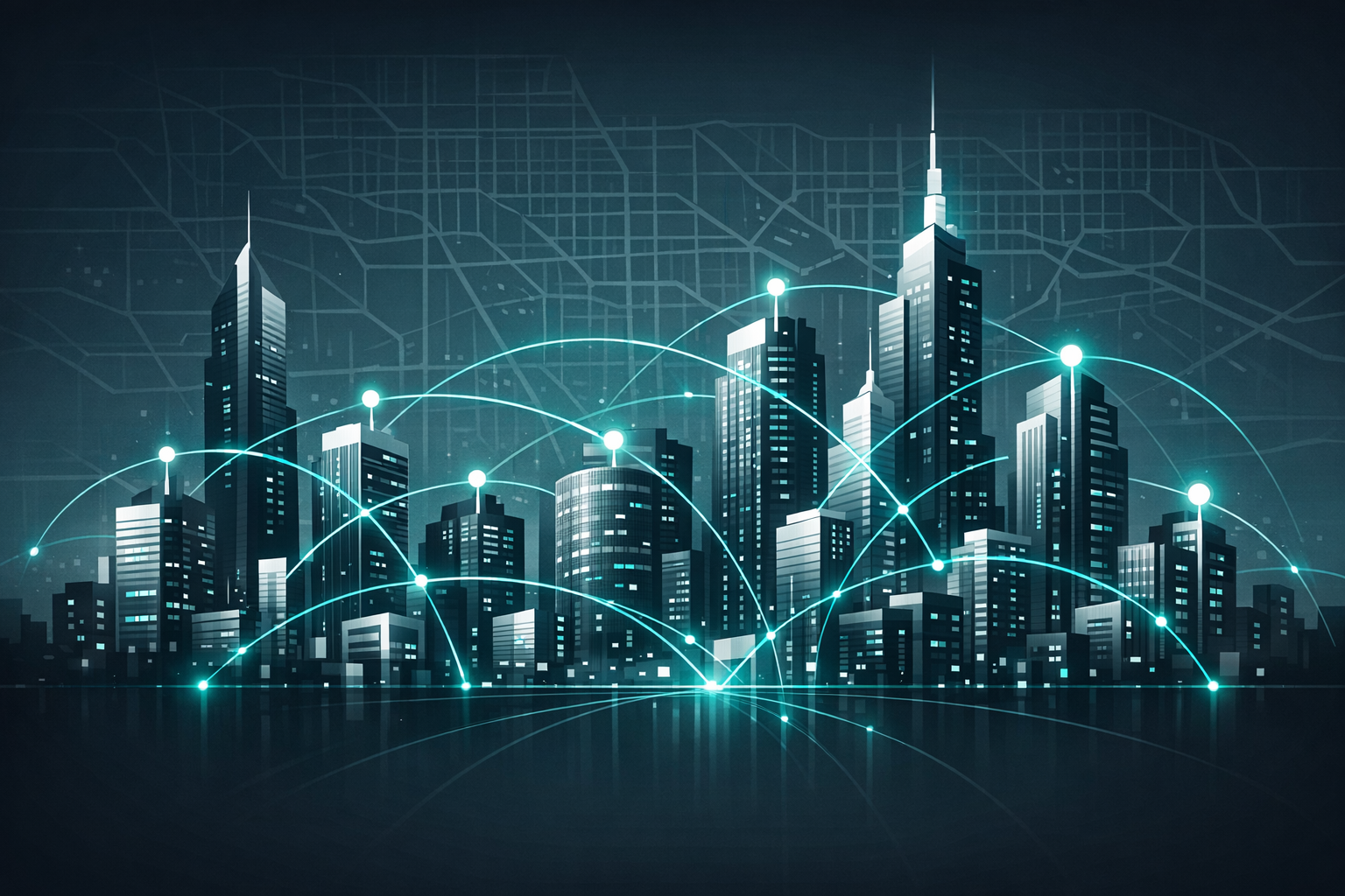 Illustration of digital connectivity infrastructure connecting buildings across a modern city skyline in Qatar
